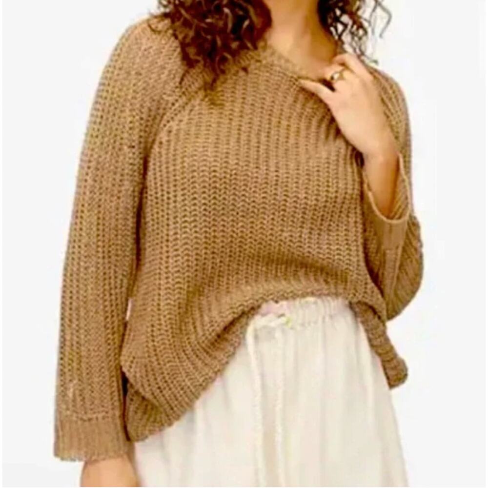 J Crew Size Large Sweater Linen Open Weave Pullover Relaxed Oversized Fit Tan